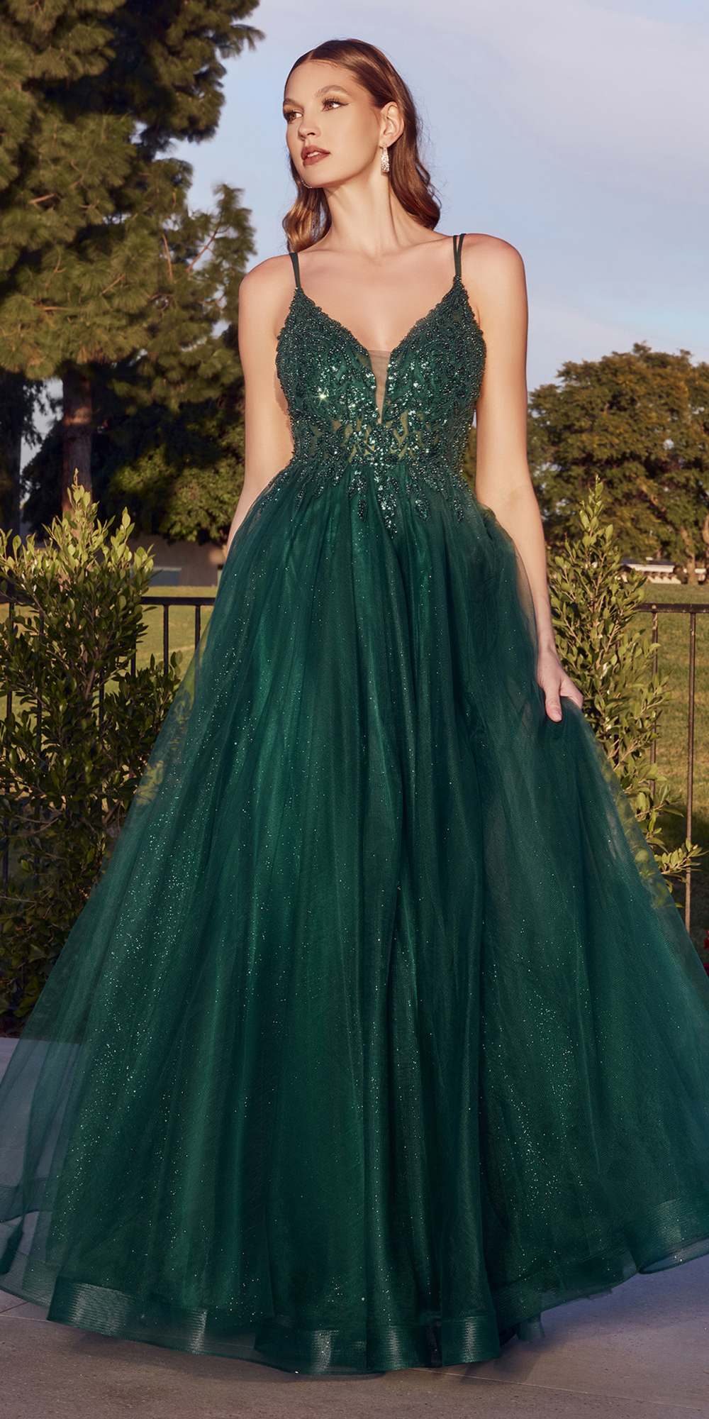 Teal long beaded dress with V-neck bodice and layered tulle skirt, spaghetti straps