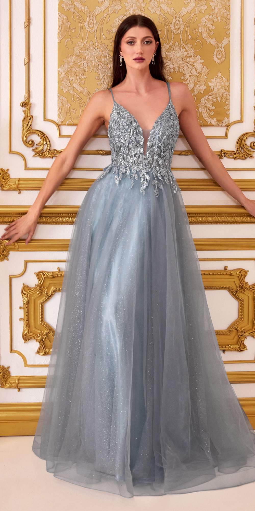 Light blue long beaded dress with V-neck bodice and layered tulle skirt