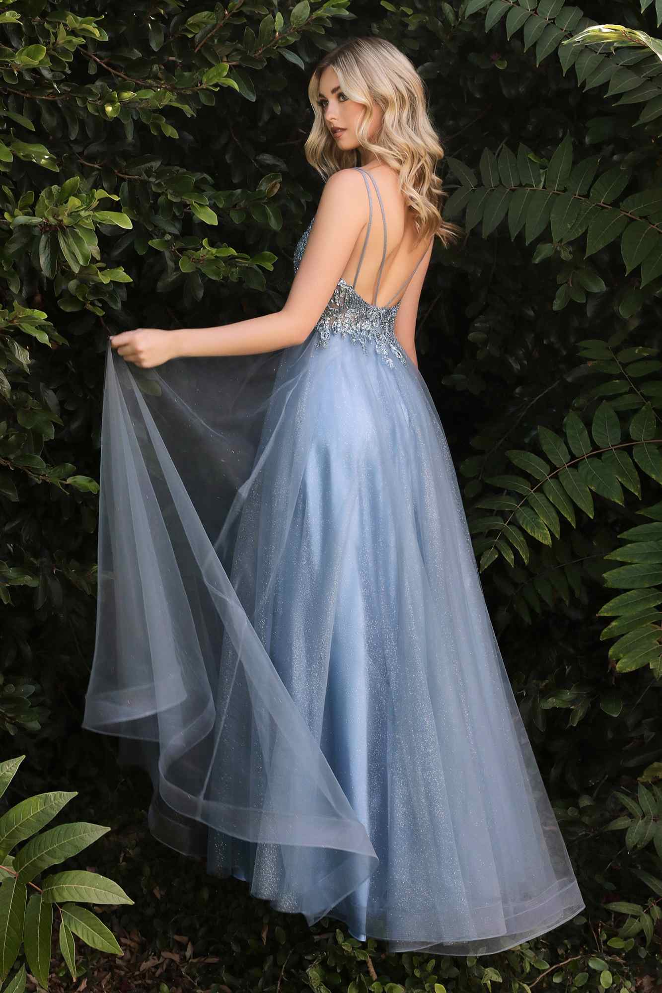 Blue long beaded dress, open back with thin straps and layered tulle skirt