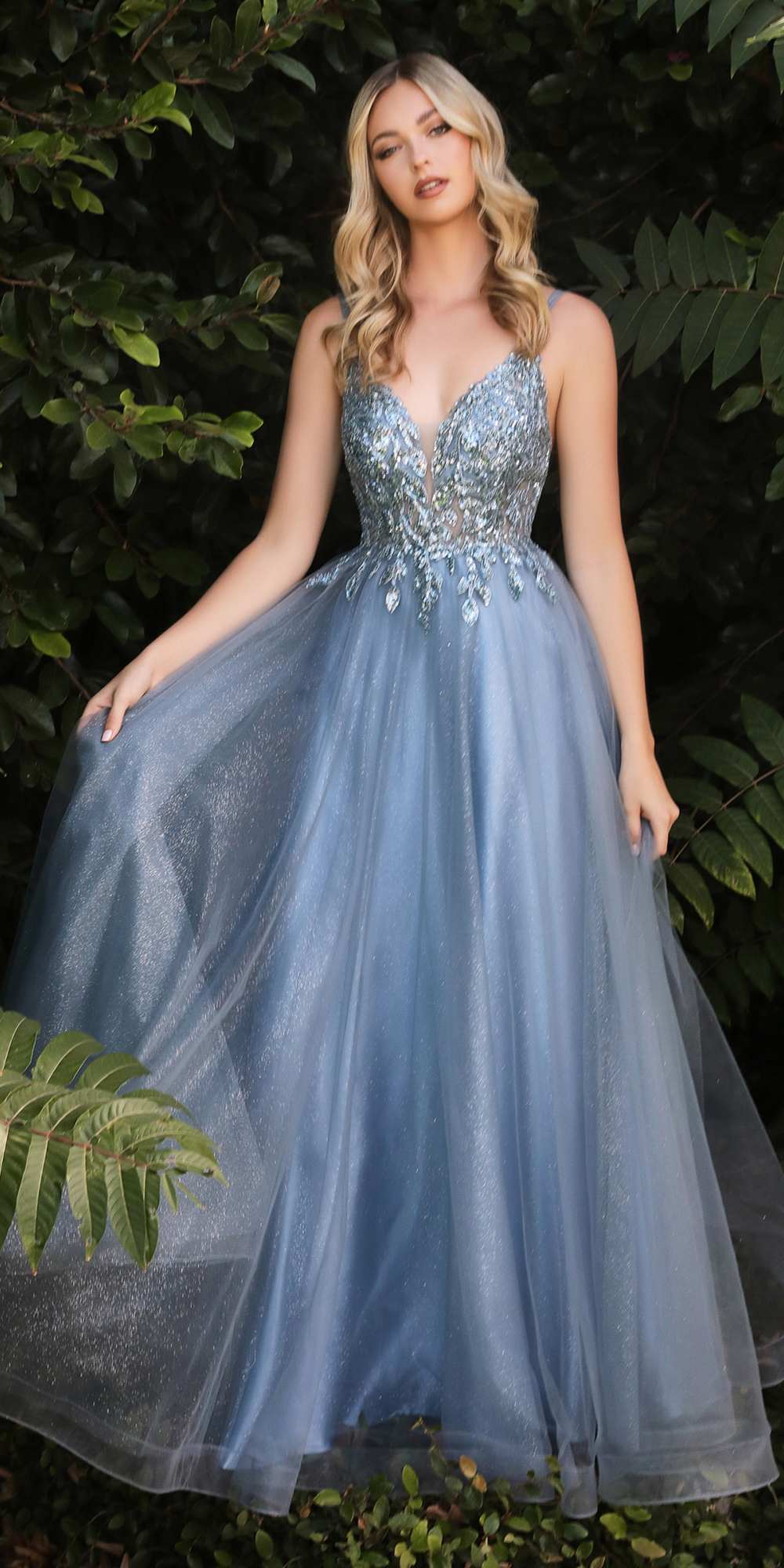 Blue long beaded dress with V-neck bodice and layered tulle skirt, thin straps