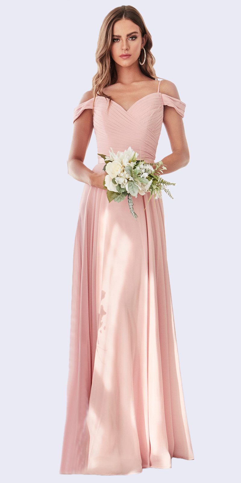 Blush pink off-the-shoulder chiffon long gown with ruched bodice and full skirt