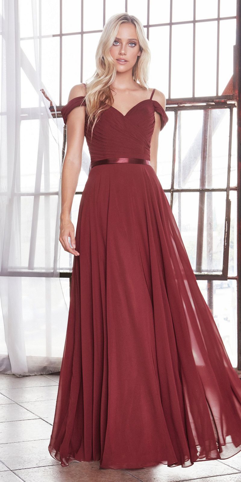 Burgundy off-the-shoulder chiffon long gown with corset-style waist and flowing skirt