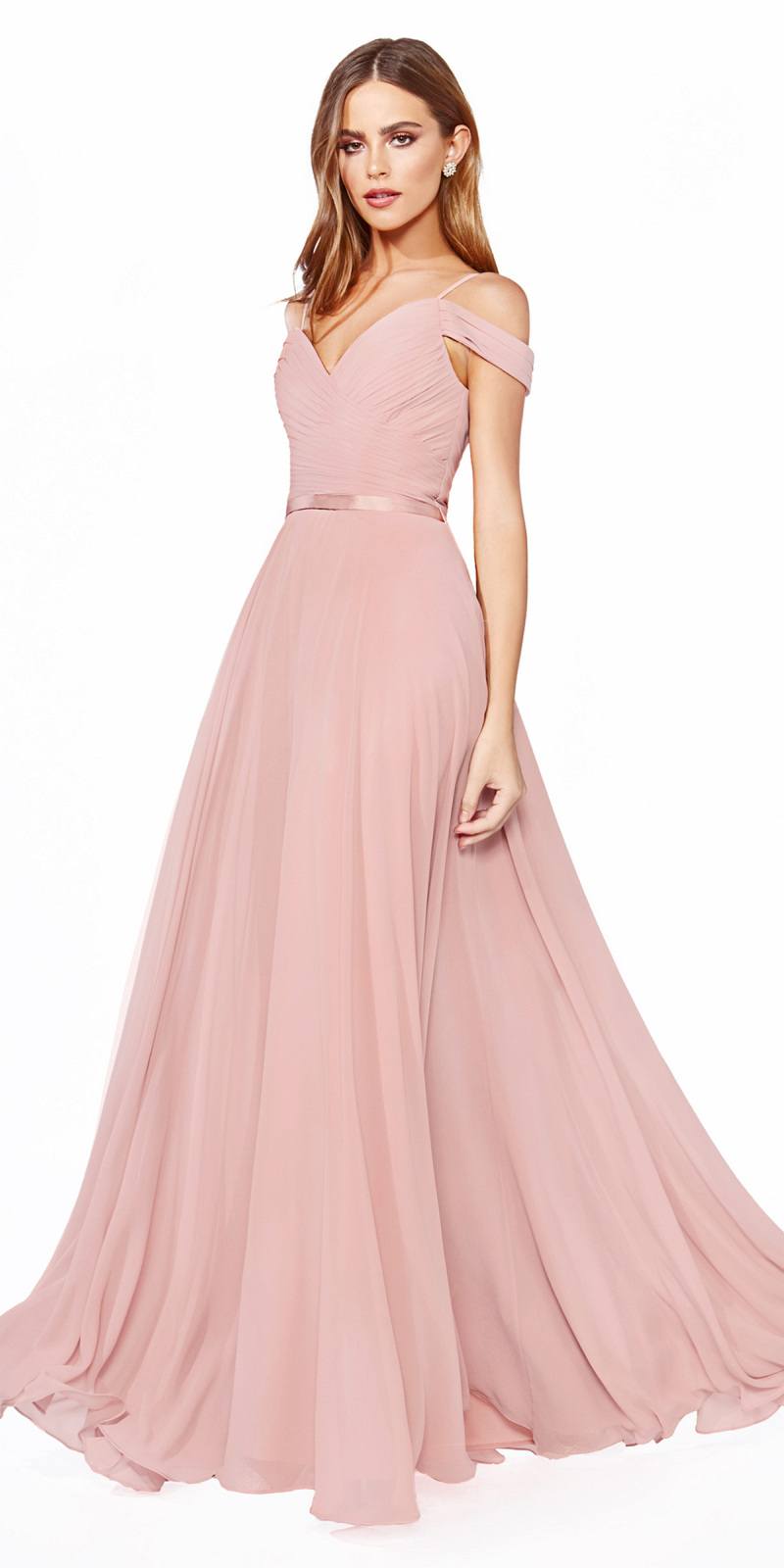 Dusty pink off-the-shoulder chiffon long gown with fitted ruched bodice and full skirt