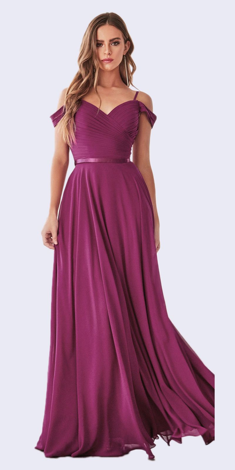 Purple off-the-shoulder chiffon long gown with ruched bodice and gathered skirt