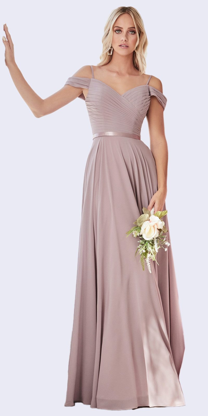 Mauve off-the-shoulder chiffon long gown with ruched bodice and flowing skirt