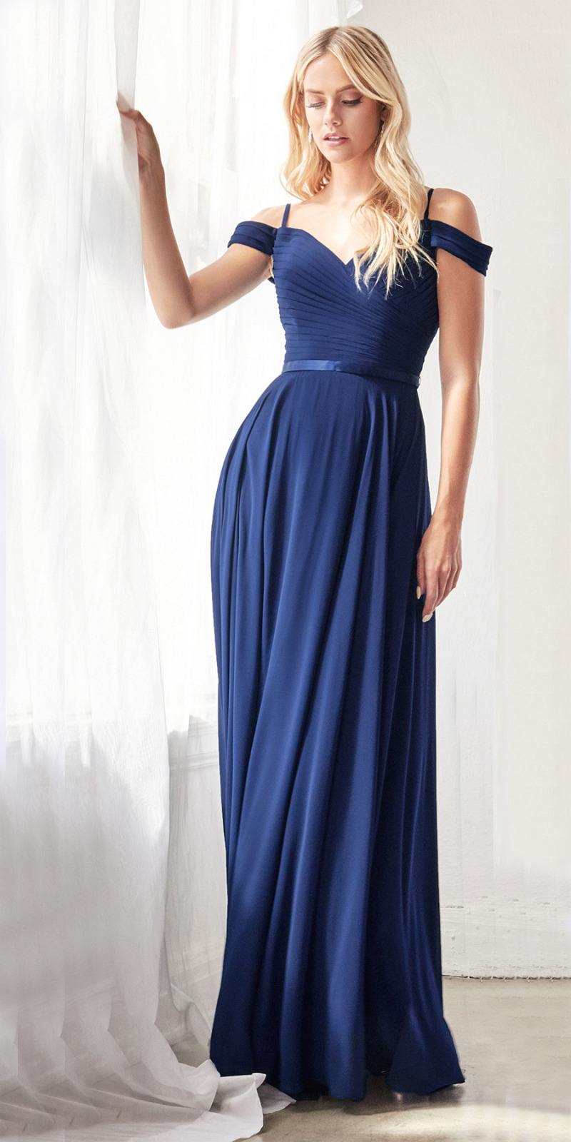 Navy blue off-the-shoulder chiffon long gown with ruched bodice and flowing skirt