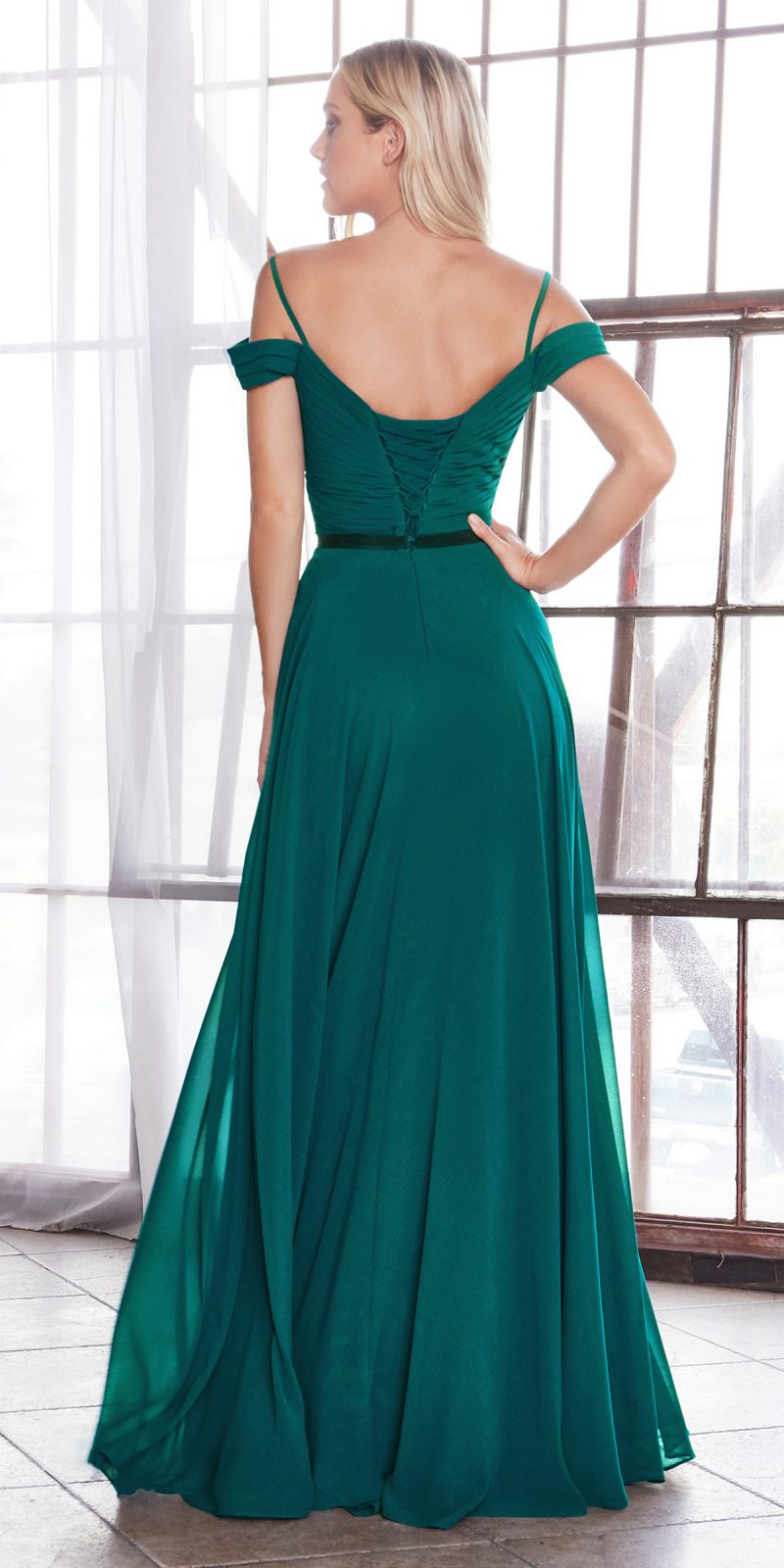 Teal off-the-shoulder chiffon long gown with fitted bodice and flowing full skirt
