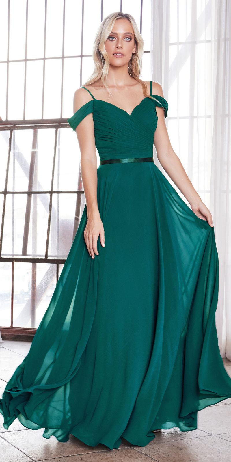 Deep green off-the-shoulder chiffon long gown with fitted bodice and full skirt
