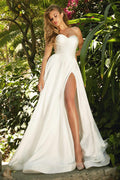 Off-white satin strapless ball gown with sweetheart neckline and front leg slit