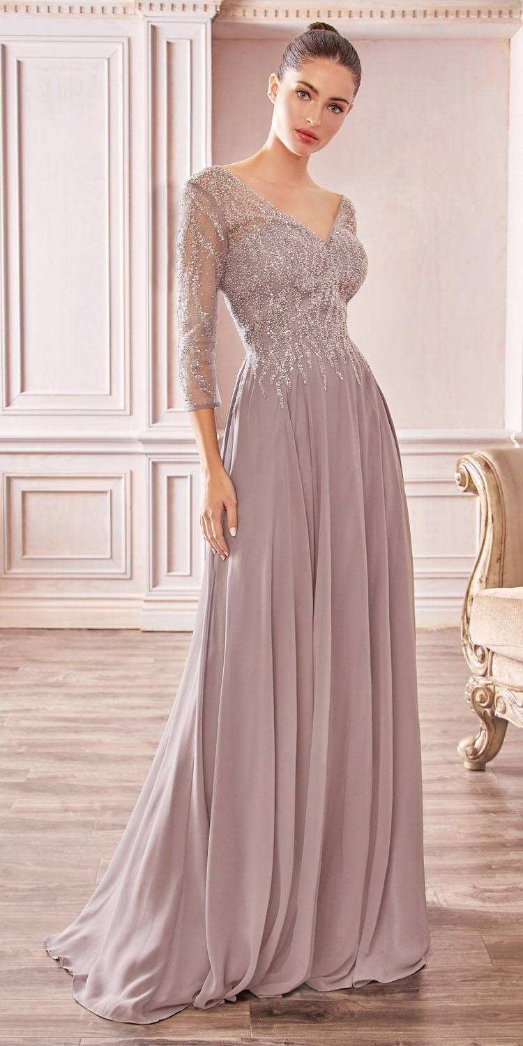 Flowy A-line chiffon gown with V-neck, 3/4 sleeves, beaded bodice, mocha brown