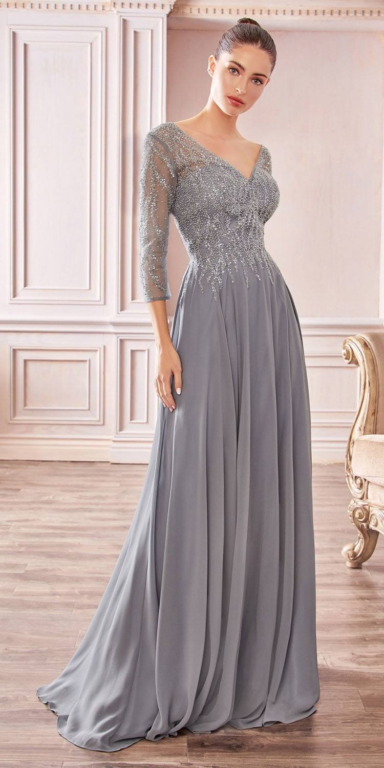 Flowy A-line chiffon gown with V-neck, 3/4 sleeves, beaded bodice, gray