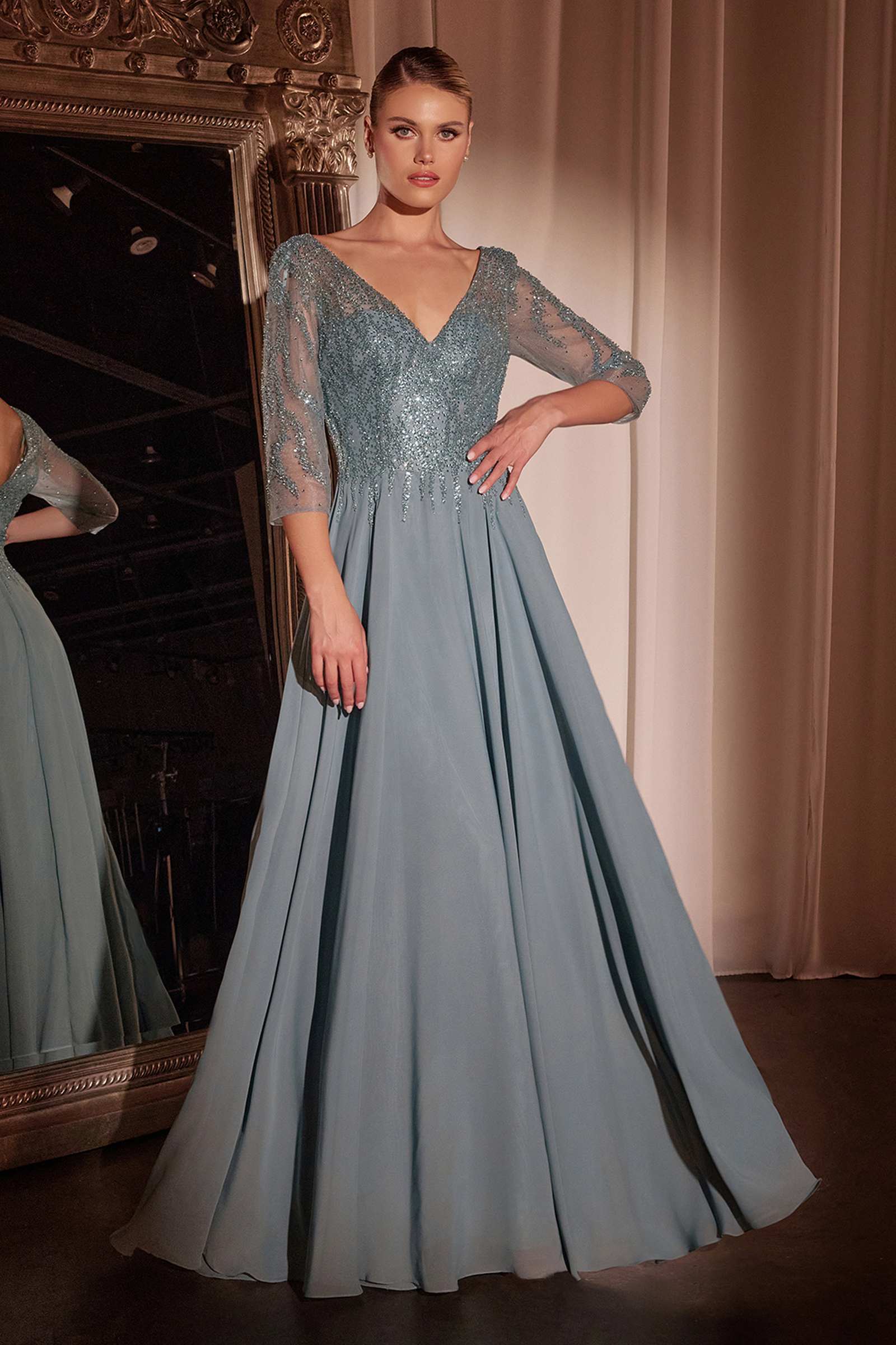 Flowy A-line chiffon gown with V-neck, 3/4 sleeves, beaded bodice, light blue-gray