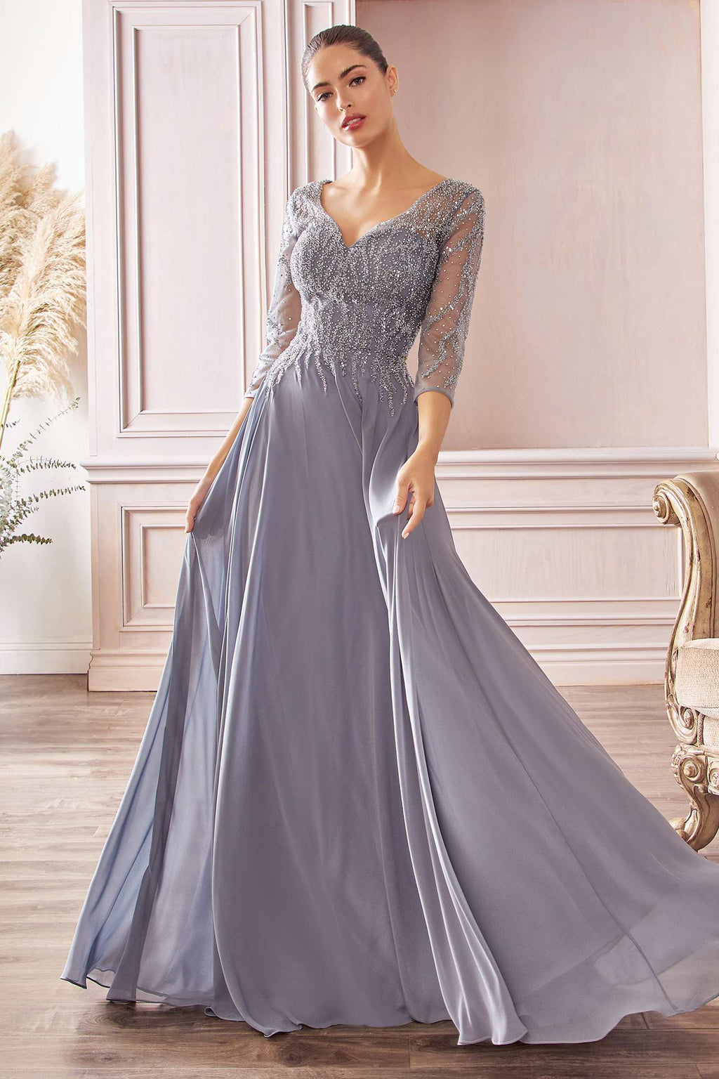 Flowy A-line chiffon gown with V-neck, 3/4 sleeves, beaded bodice, soft blue-gray