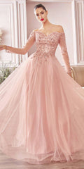 Rose-gold pink off-shoulder long sleeve A-line layered tulle gown with embellished bodice