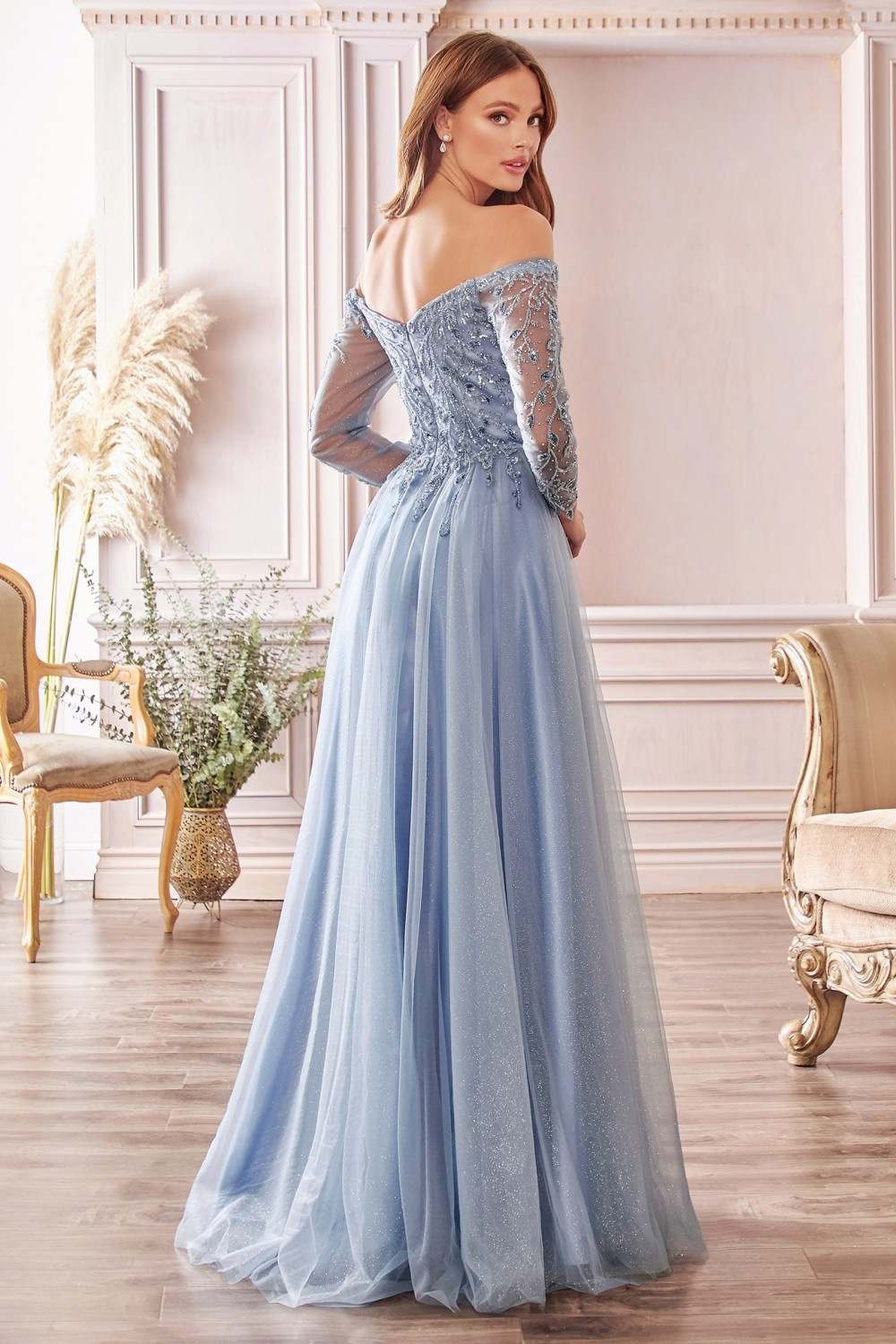 Light blue off-shoulder long sleeve A-line layered tulle gown with fitted embellished bodice