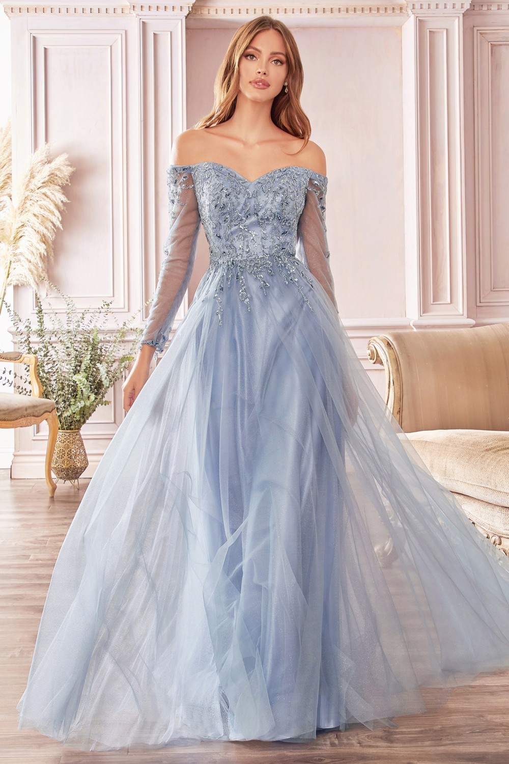 Light blue off-shoulder long sleeve A-line layered tulle gown with glitter corset bodice
