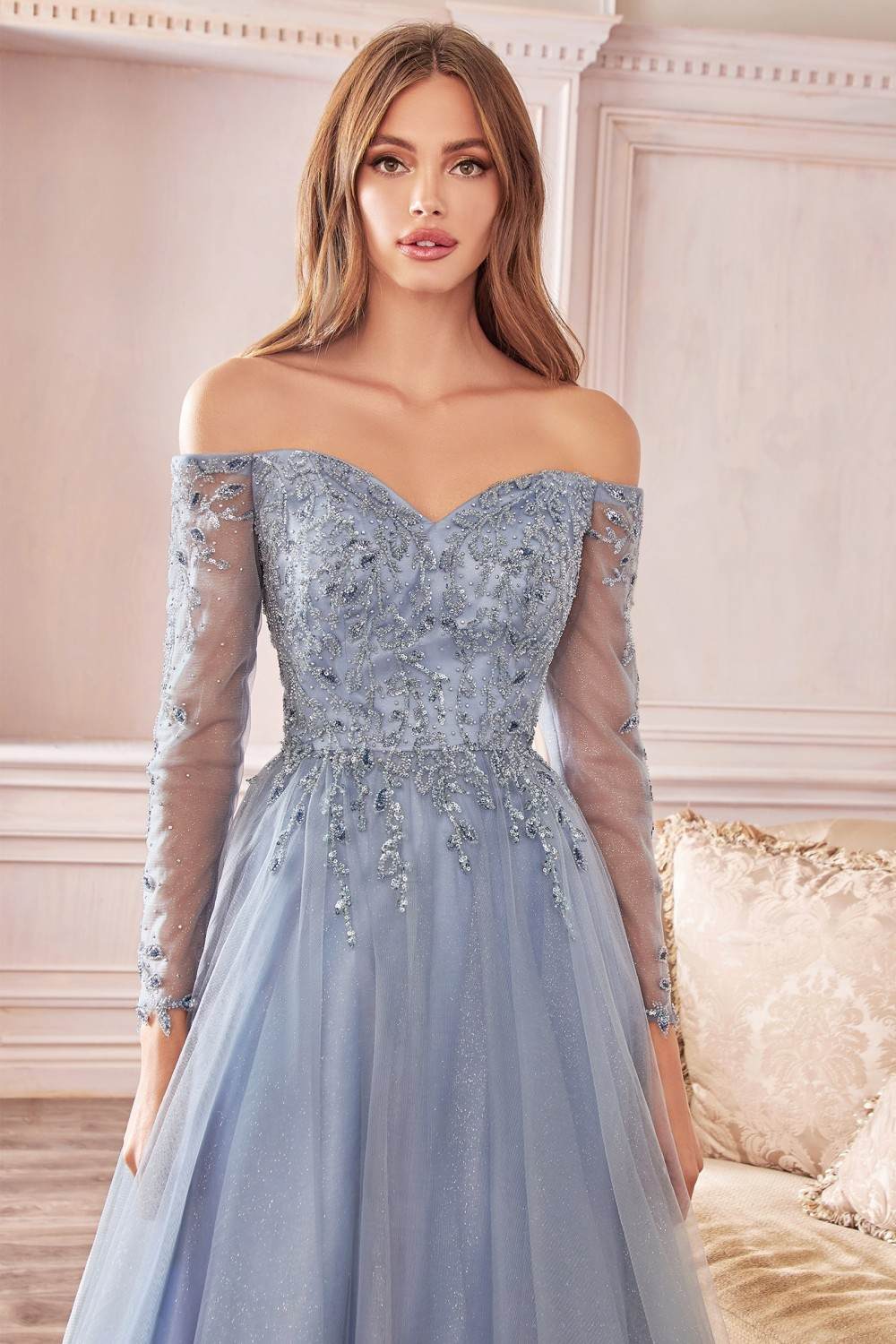 Light blue off-shoulder long sleeve A-line layered tulle gown with sparkling bodice and tulle skirt