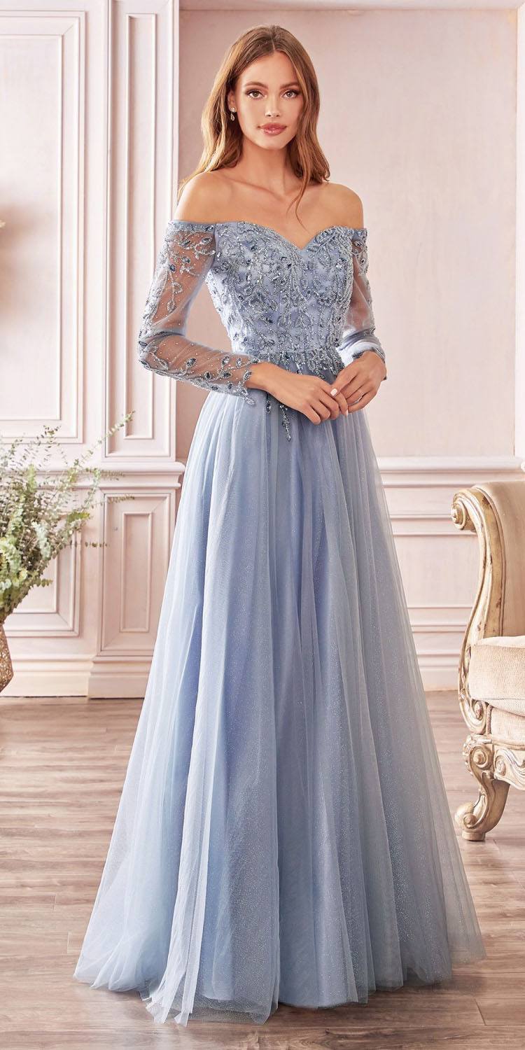 Light blue off-shoulder long sleeve A-line layered tulle gown with embellished sweetheart bodice