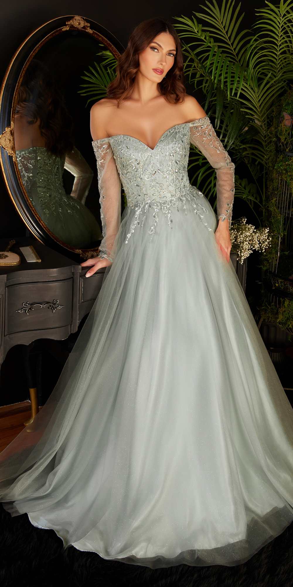 Sage green off-shoulder long sleeve A-line layered tulle gown with sparkling fitted bodice