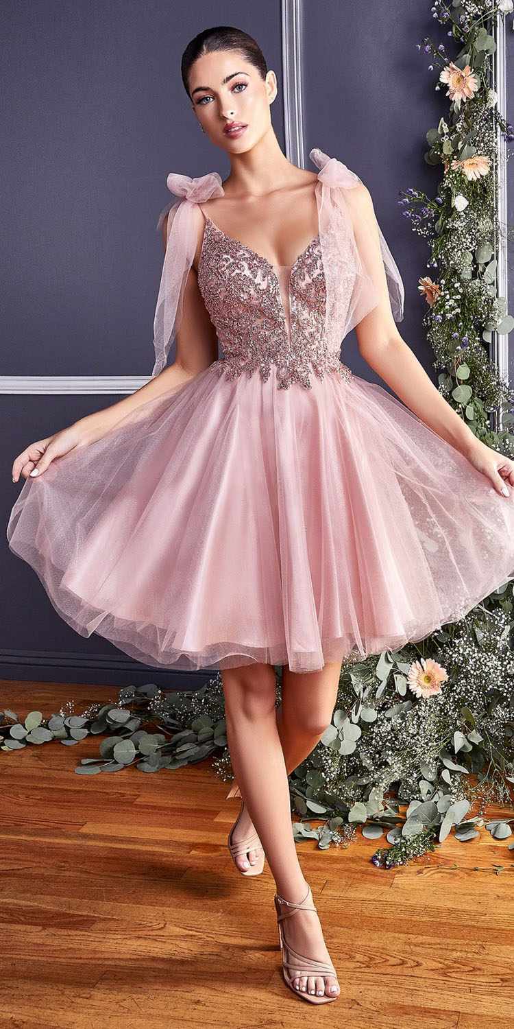 Short A-line dress with lace bodice and tulle skirt, blush pink