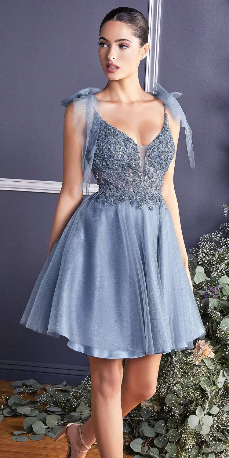 Short A-line dress with lace bodice and tulle skirt, light blue