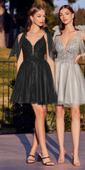 Two short A-line dresses with lace bodice, black and silver glitter