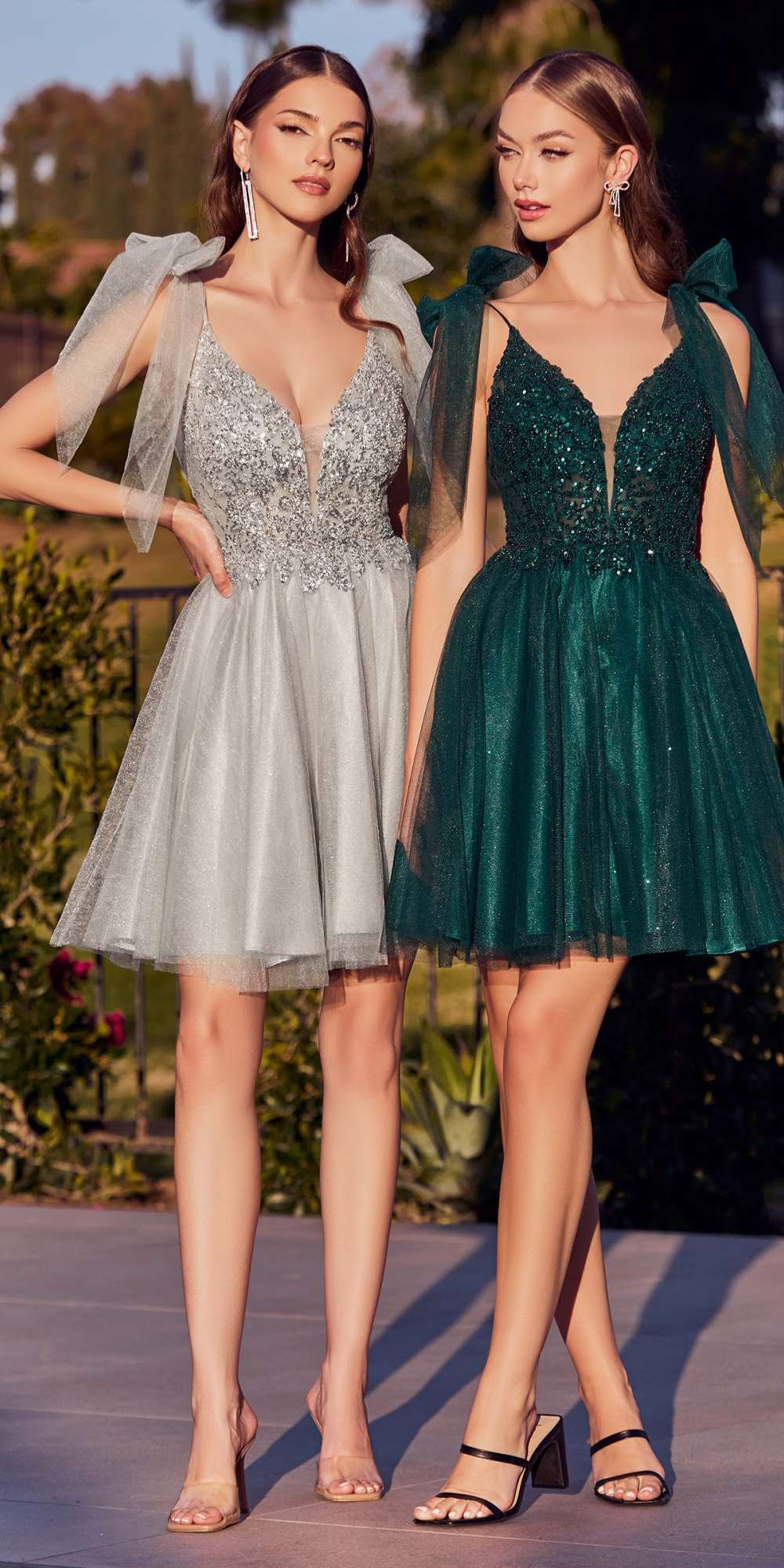 Two short A-line dresses with lace bodice, silver and deep teal