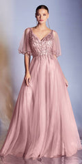Rose gold tulle A-line gown with butterfly sleeves, V-neck and embellished bodice.