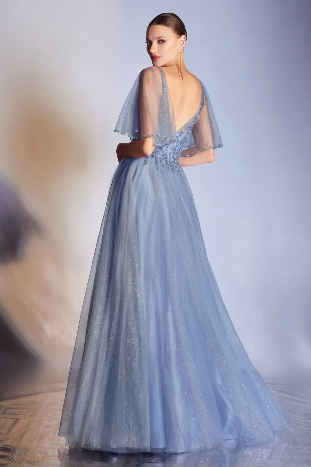 Blue tulle A-line gown with sheer butterfly sleeves and open-back V design.