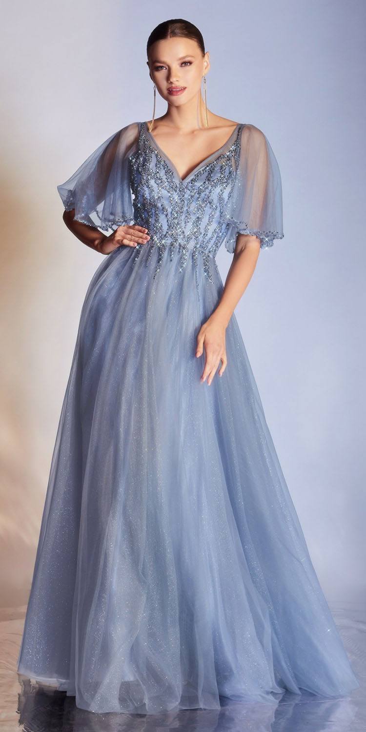 Blue tulle A-line gown with short butterfly sleeves and V-neck lace bodice.