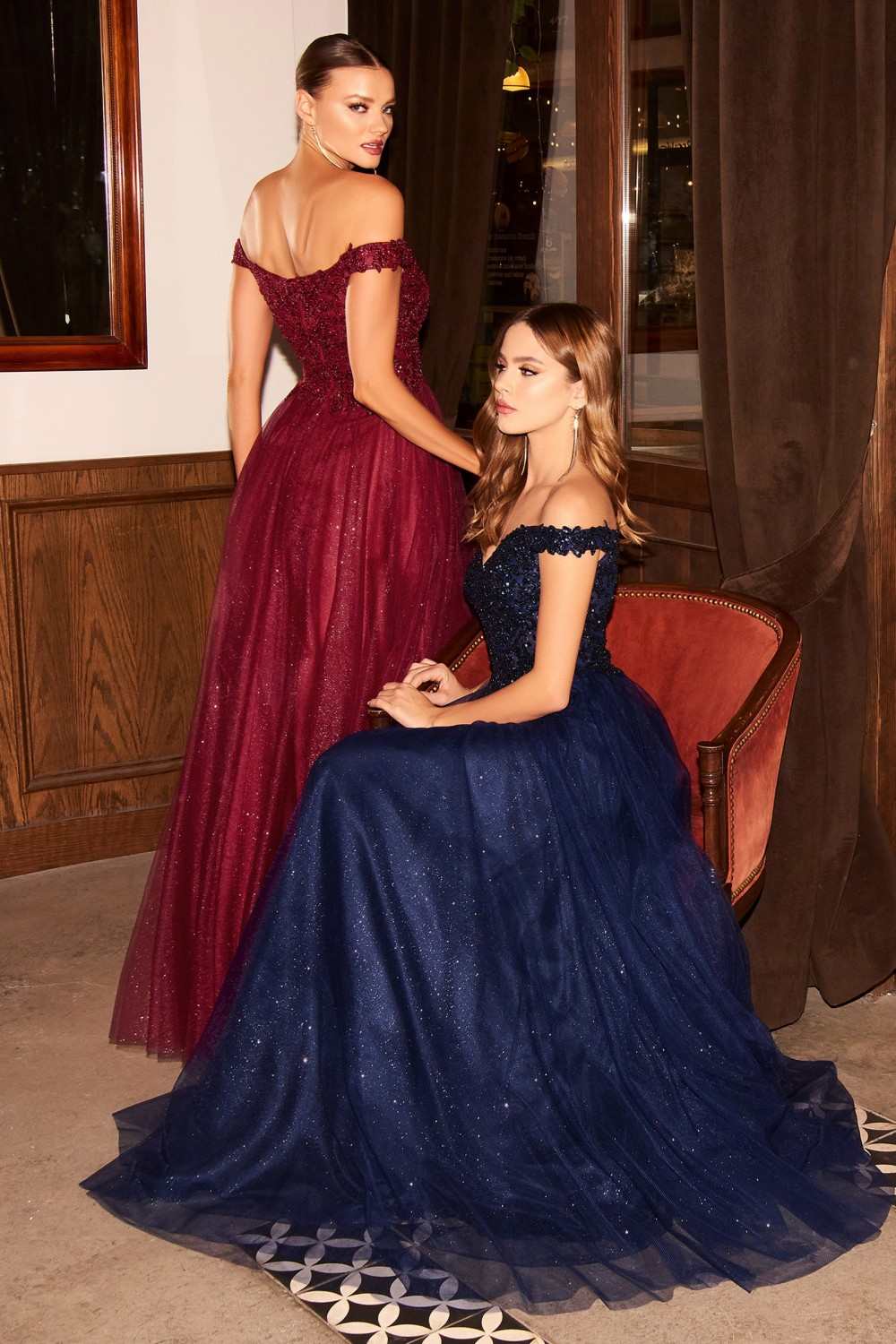 Burgundy off-shoulder glitter A-line ball gown with full tulle skirt