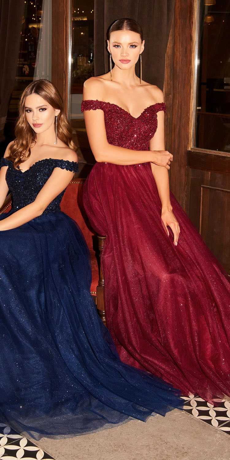 Burgundy glitter off-shoulder A-line ball gown with full tulle skirt
