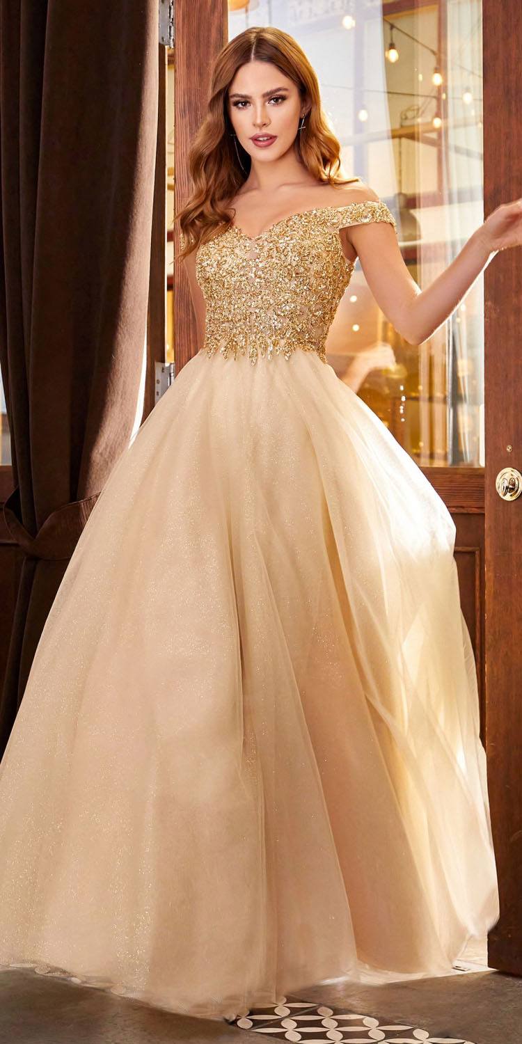 Champagne off-shoulder A-line ball gown with glitter bodice and full tulle skirt