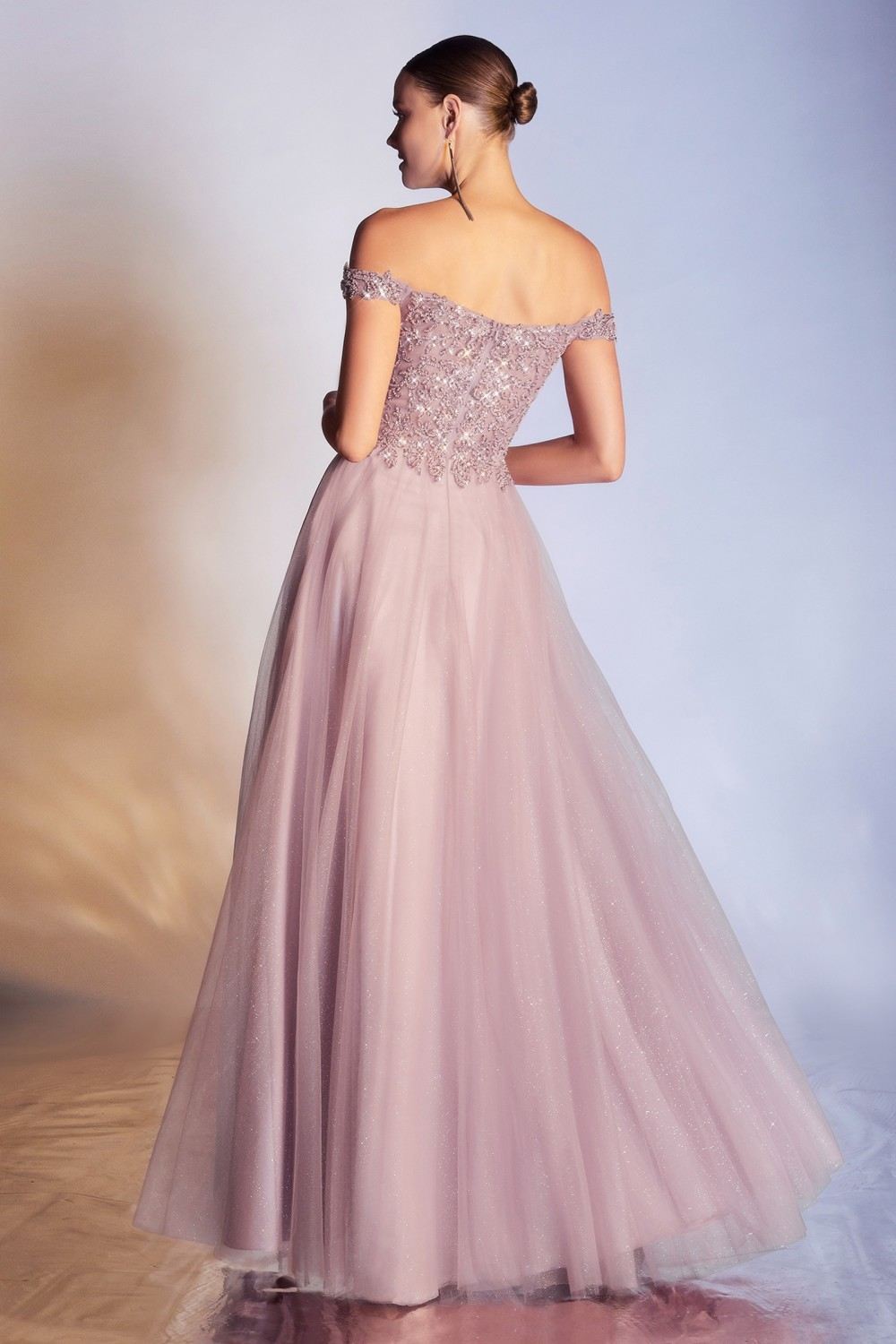 Mauve off-shoulder glitter bodice tulle A-line ball gown, back view