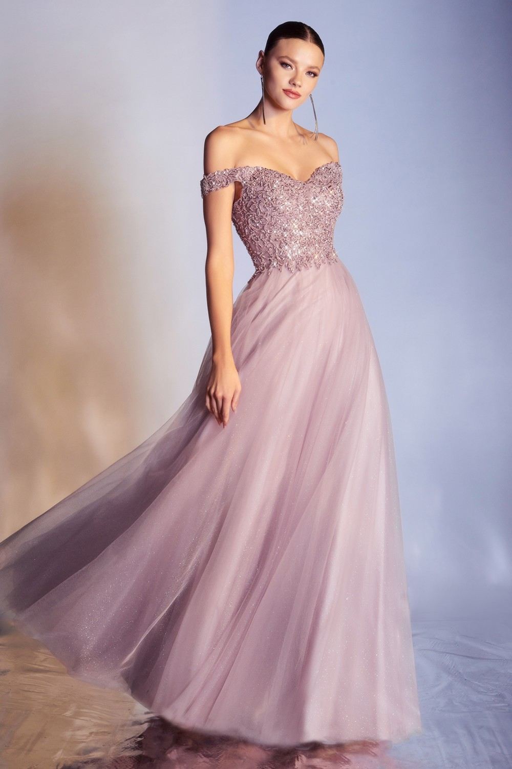 Mauve off-shoulder glitter bodice tulle A-line ball gown, side view