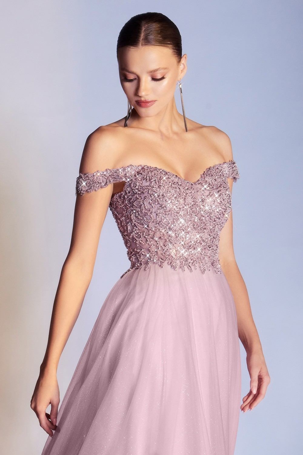 Mauve off-shoulder glitter bodice tulle A-line ball gown