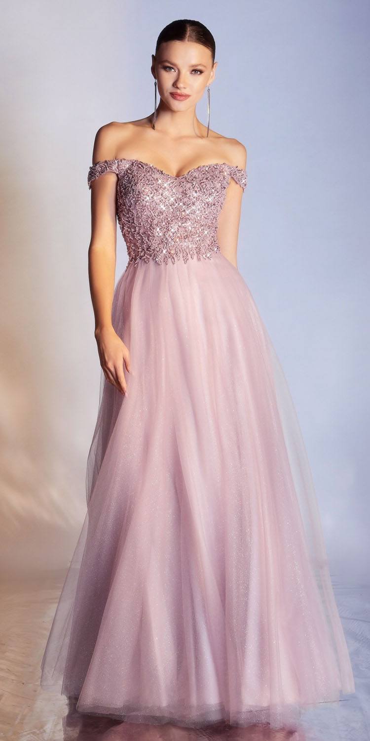Mauve glitter off-shoulder A-line ball gown with layered tulle skirt