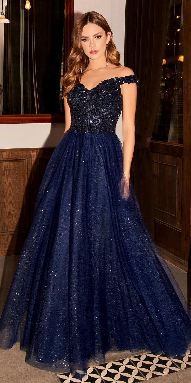Navy glitter off-shoulder A-line ball gown with sparkling tulle skirt