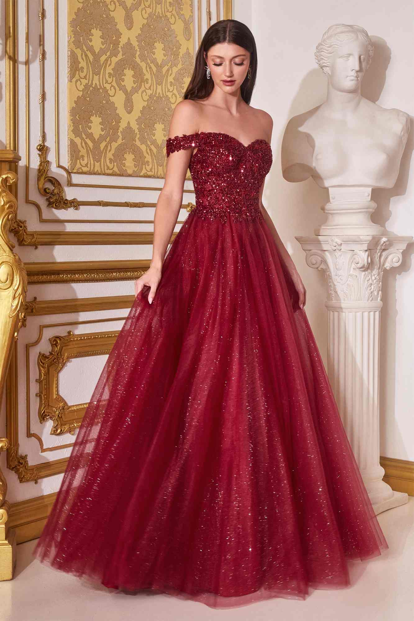 Burgundy off-shoulder glitter ball gown with full tulle A-line skirt