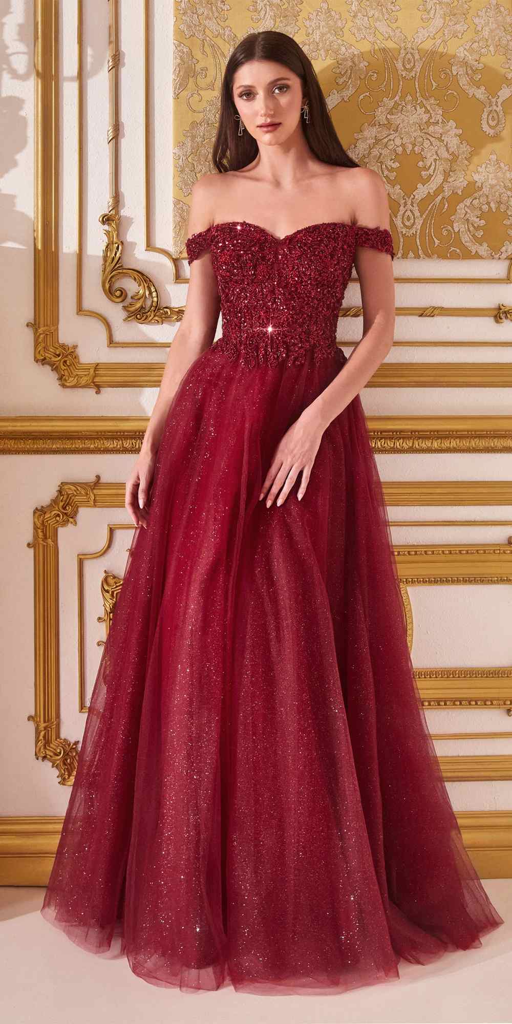 Burgundy glitter off-shoulder A-line ball gown with layered tulle skirt
