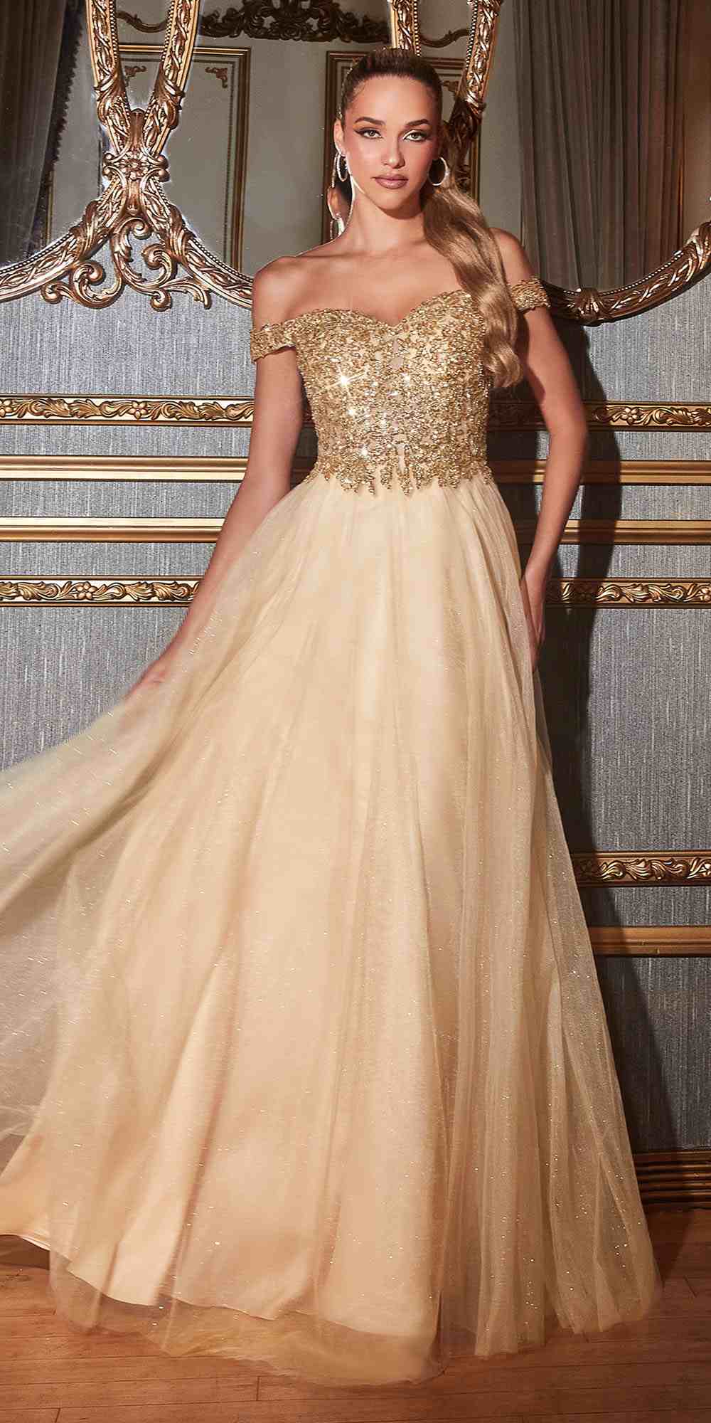 Champagne glitter off-shoulder A-line ball gown with tulle skirt