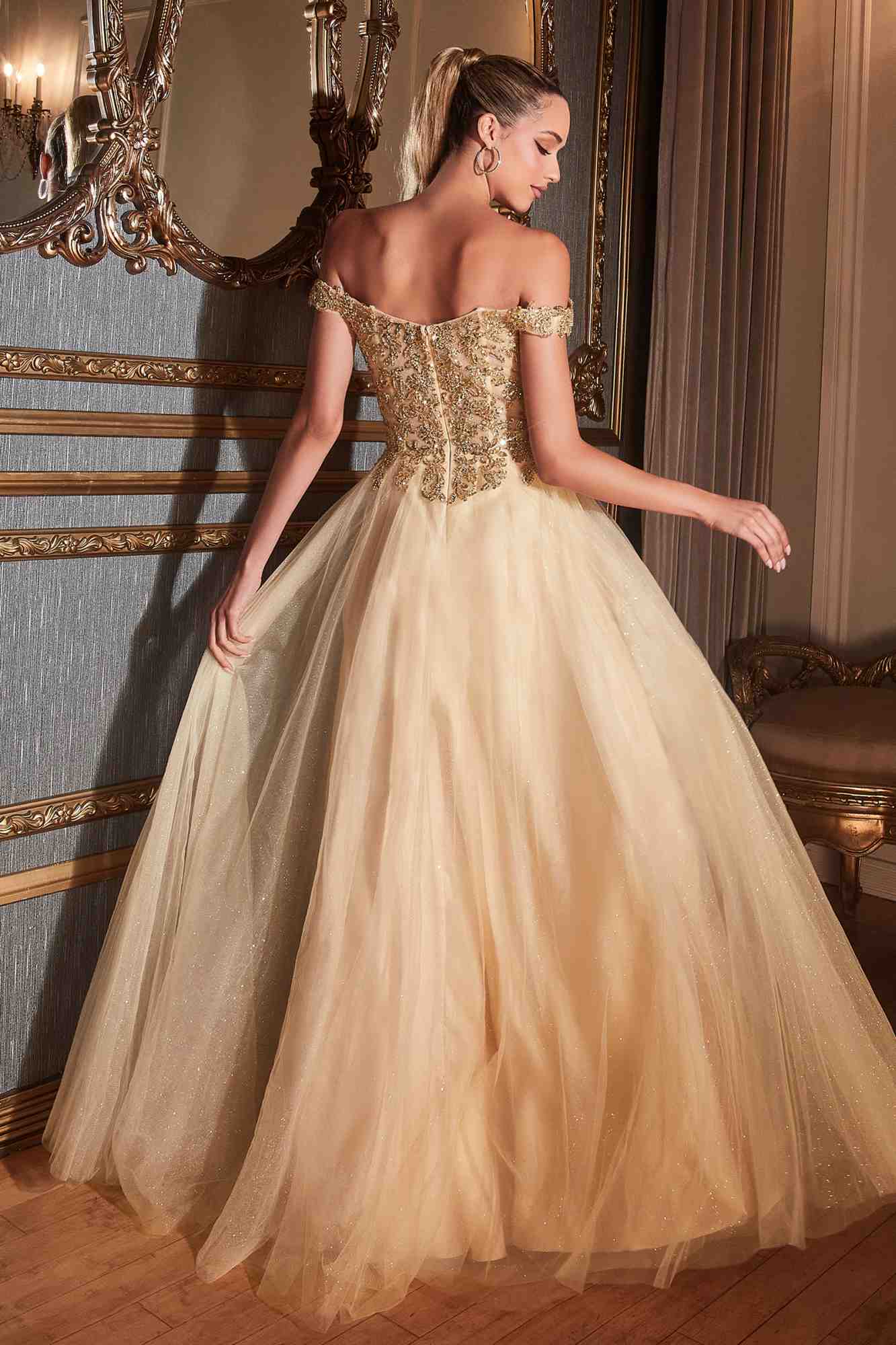 Champagne A-line ball gown with off-shoulder glitter bodice and tulle skirt