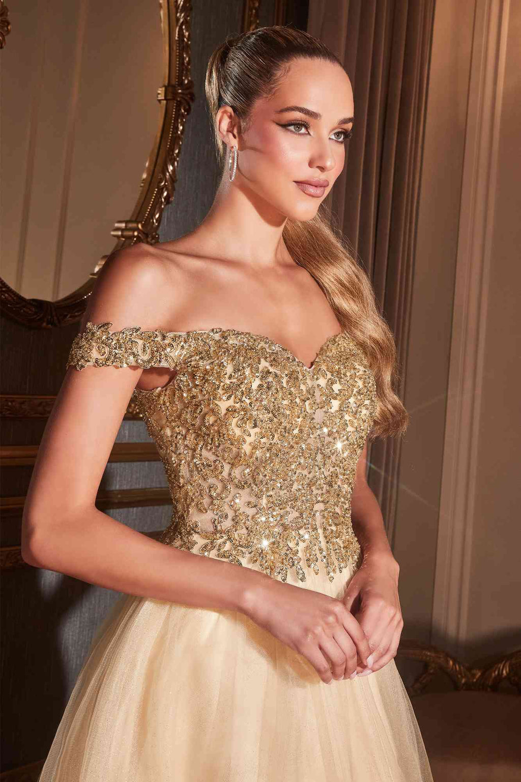 Champagne sequin off-shoulder bodice with A-line tulle ball gown skirt
