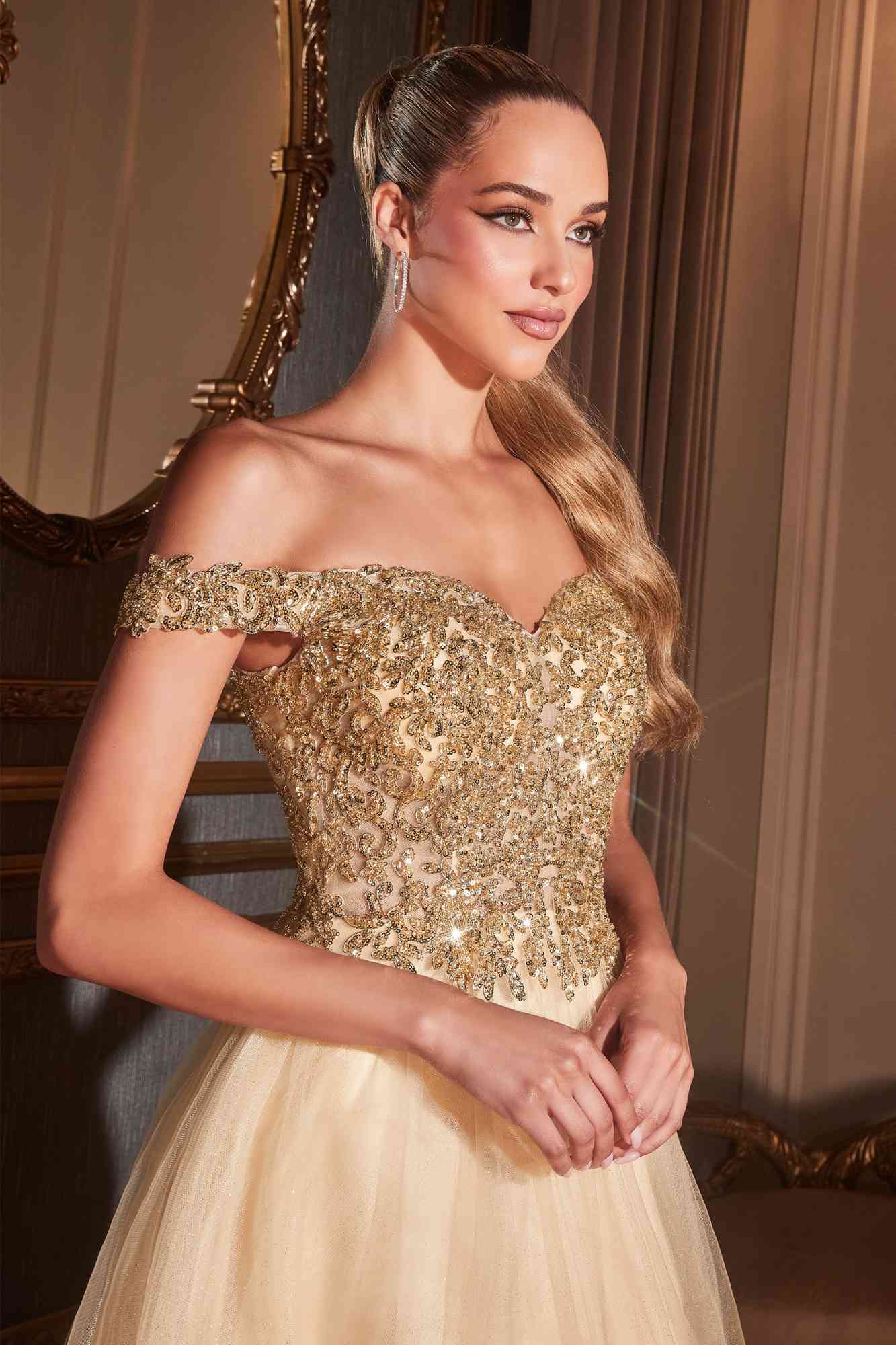 Champagne sequin off-shoulder bodice with A-line tulle ball gown skirt