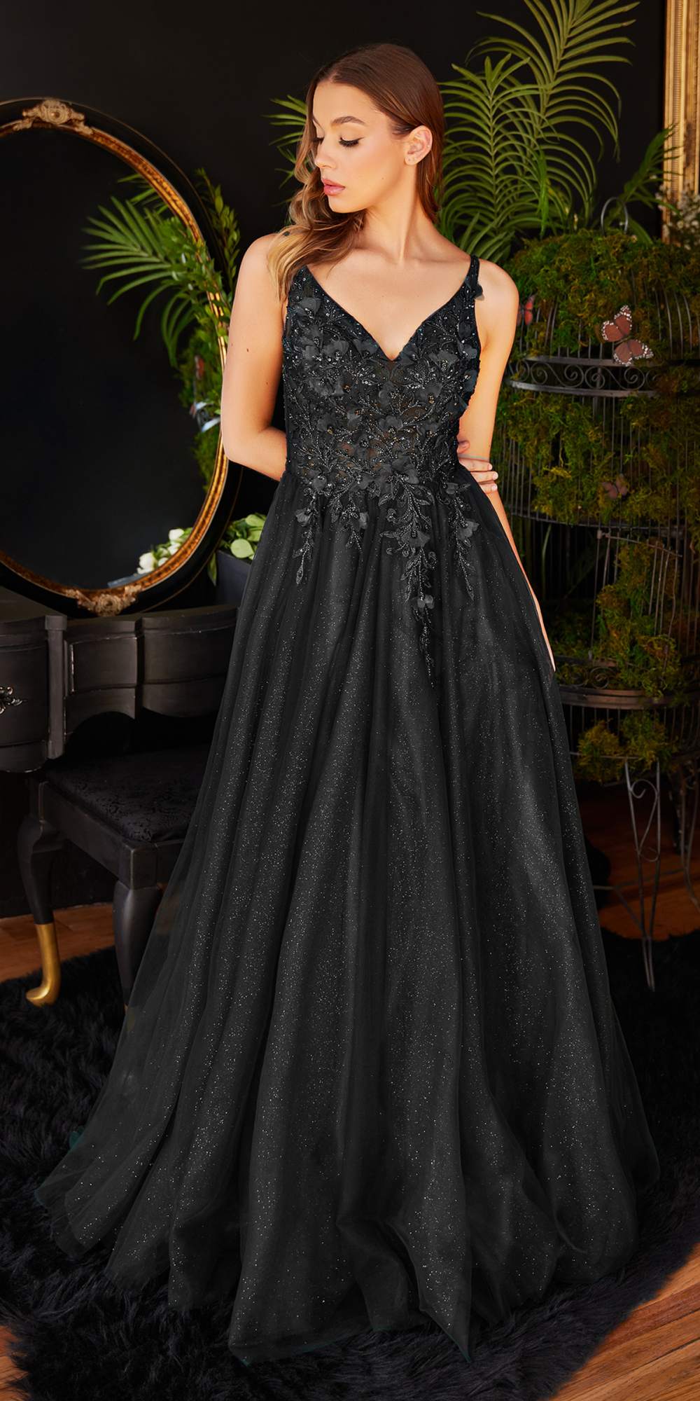Black A-line lace tulle dress with V-neck bodice and subtle beaded details