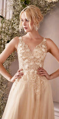 Champagne lace A-line tulle dress with V-neck bodice and floral lace detailing
