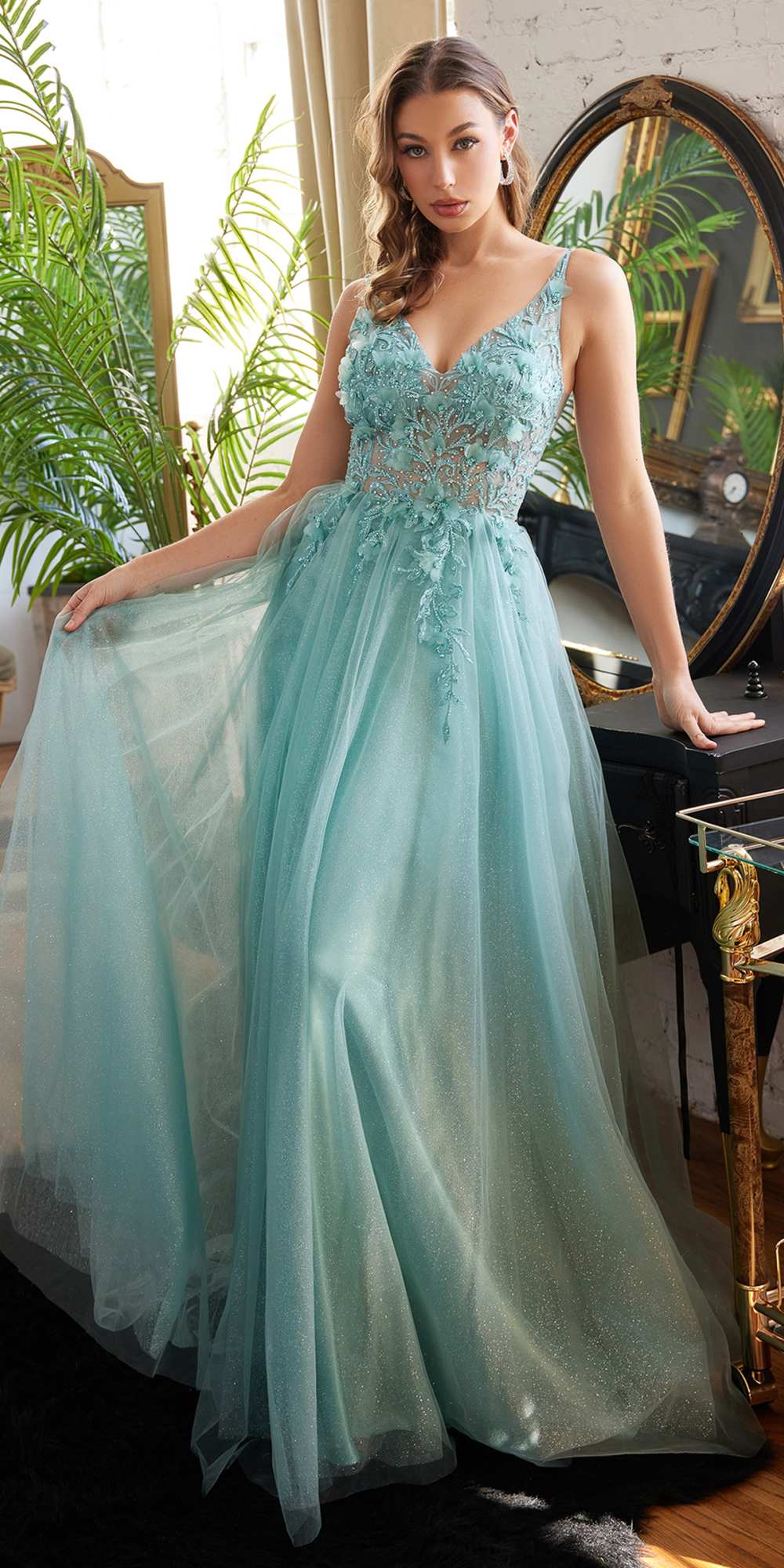 Aqua A-line lace tulle dress with floral embroidery and V-neck straps