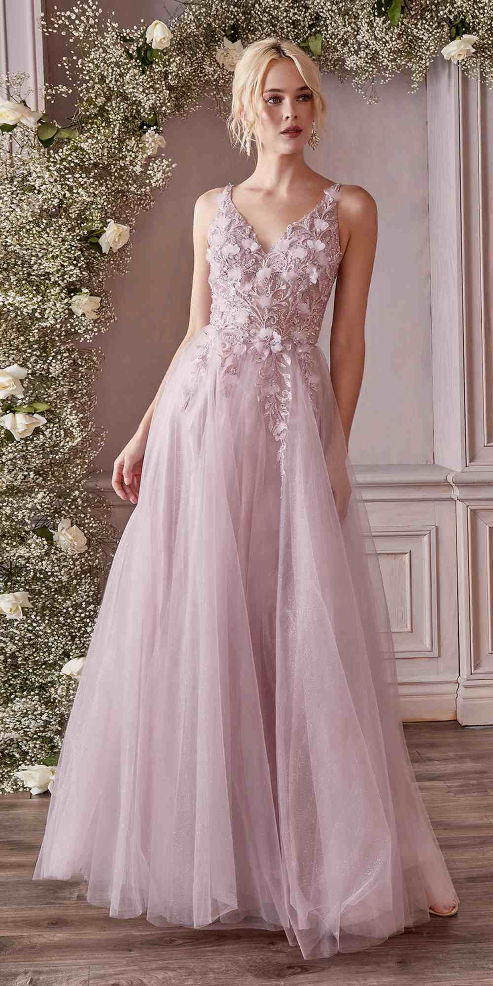 Champagne lace A-line tulle dress with floral appliques and thin straps
