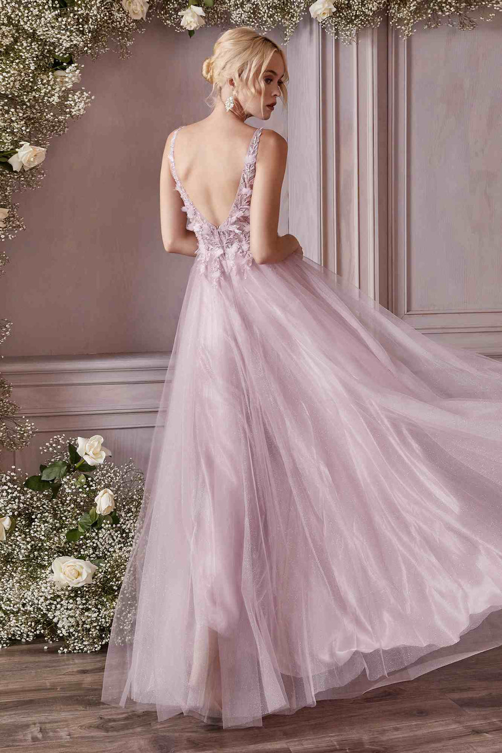 Champagne lace A-line tulle dress with open back and floral appliques