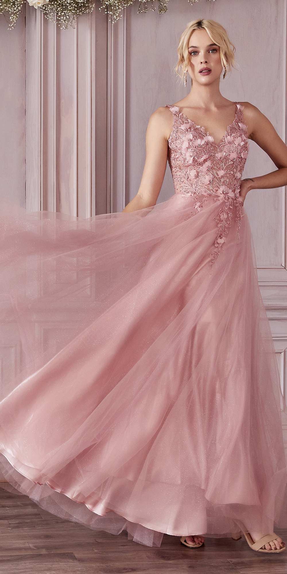 Champagne lace A-line tulle dress with floral bodice and full skirt
